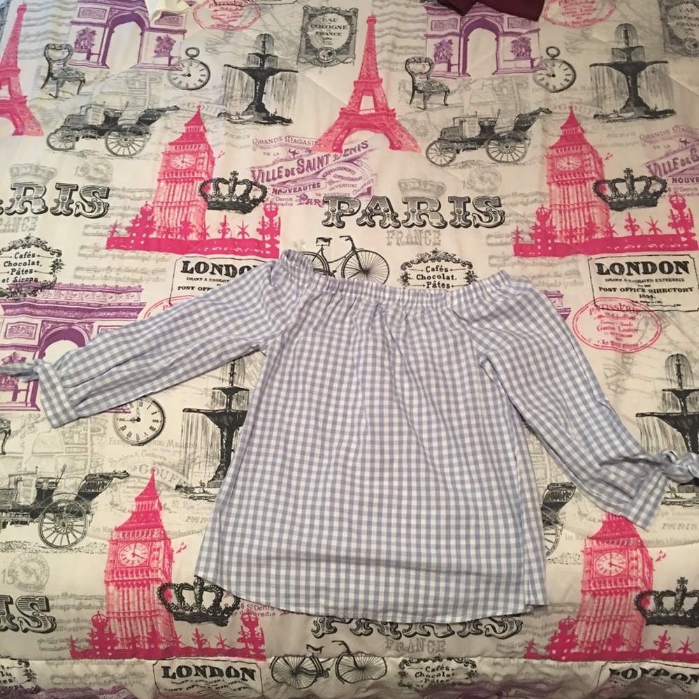 Long sleeve off the shoulder gingham shirt